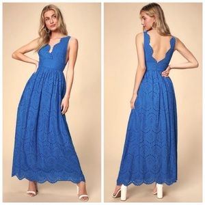 Lulu’s splendid cobalt blue eyelet lace maxi dress